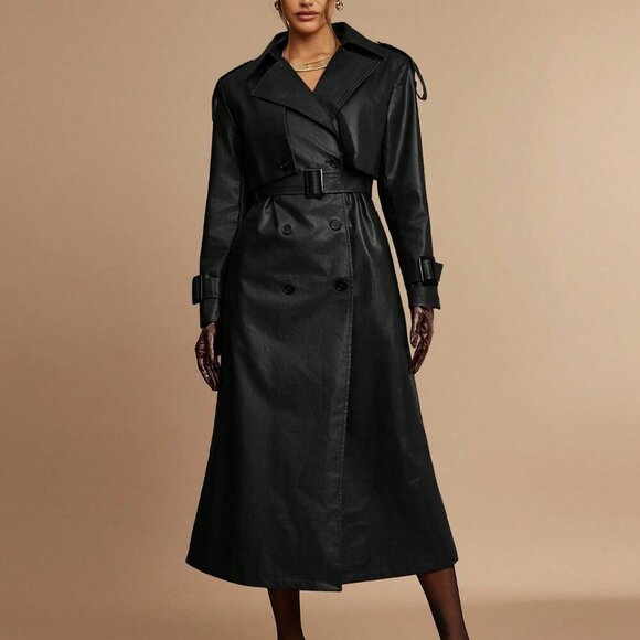 Women's Lapel Neck Double-Breasted faux leather belted Trench Coat Black - Picture 7 of 8